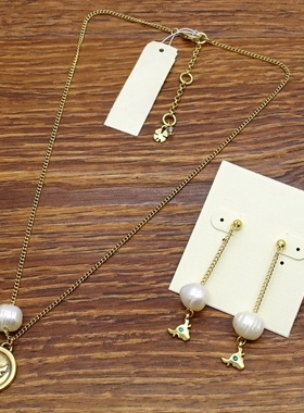 天然珍珠镶钻牛头森女文艺范别致个性复古VINTAGE耳环坠项链套装