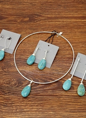 欧美风清新湖蓝水滴石头设计师腔调文艺范潮人个性耳环坠项圈套装