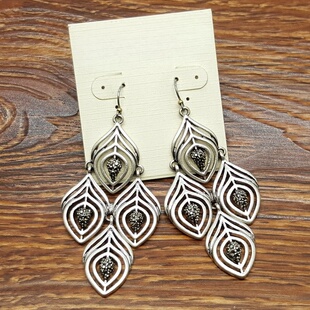 做旧银色镶钻绝美羽毛造型森女文艺范复古VINTAGE个性 耳环坠饰品