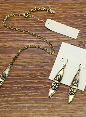 做旧金色大爱佛祖森女文艺范复古VINTAGE双面耳环坠项链套装