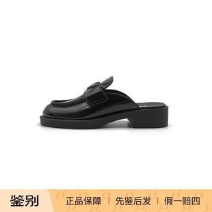 现货 黑色三角LOGO皮面平底鞋 Prada 女款 半拖拖鞋 普拉达