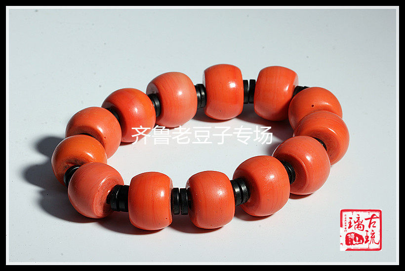 博山老琉璃珠子 12*15mm橘红色砖头红色中形算盘珠鼓形古法琉璃珠