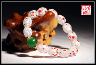 博山老琉璃珠子12*15mm老白玉点彩蘸花红白料橄榄形琉璃小枣珠