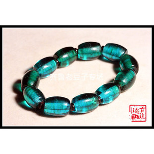 博山手工老琉璃珠子13*17毫米窑变老料孔雀蓝绿色渐变鼓形琉璃珠