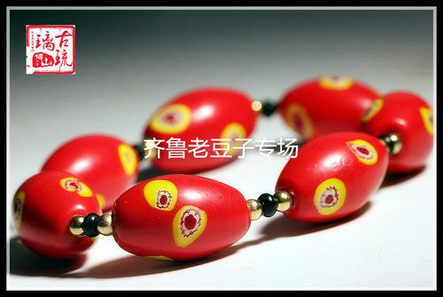 博山老琉璃珠子19*30mm古法手工中国红贸易花立体琉璃大枣珠