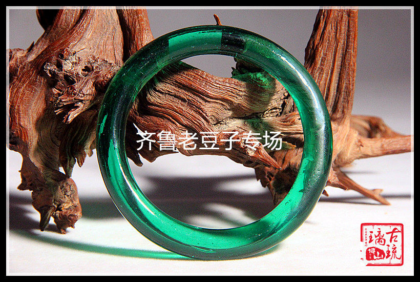 博山库存老琉璃手镯透明碧玺菠菜绿色古法手工琉璃镯子内径57左右