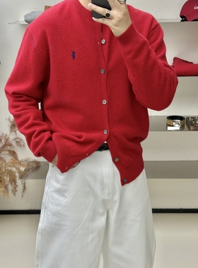 INTENSE 100%羊毛拉夫刺绣开衫冬季厚款男女情侣针织毛衣