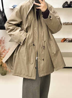 INTENSE 兔毛皮草鹅绒派克中长款外套假两件真皮领羽绒风衣男索舍