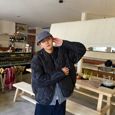 INTENSE鹅绒无领包边葫芦格外套