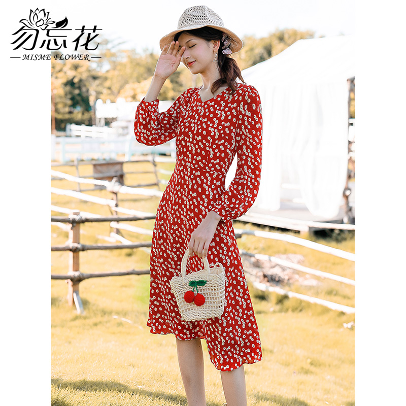勿忘花红色雪纺碎花连衣裙女2022秋季新款气质修身显瘦小雏菊裙子