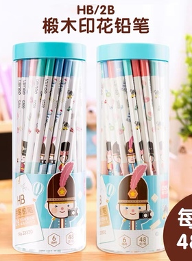 得力33330/33331桶装铅笔HB/2B椴木印花小学生儿童绘画铅笔48支装