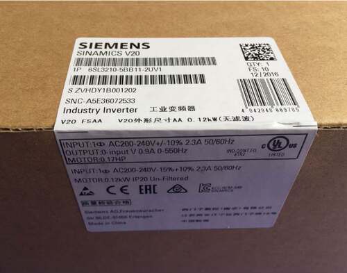 西门子V20变频器6SL3210-5BB1 0.75KW 220V 原装6SL32105BB175UV1