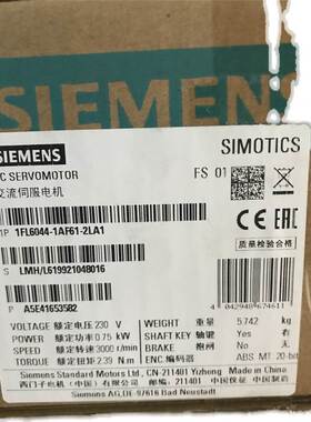 西门子1FL6061-1AC61-2AG11FL6工作电压三相交流400 V PN=0.75 kW
