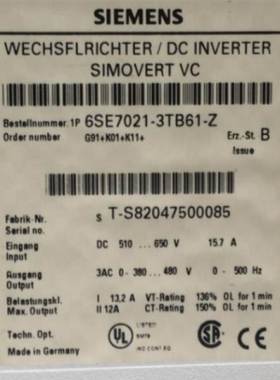 6SE7023-8TD61西门子CPU37.5A18.5kw6ES70变频器6SE70238TD61询价