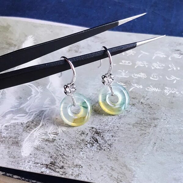 13mm缅甸天然老坑A货翡翠耳钩平安扣甜甜圈耳环冰种黄翡飘绿花18k