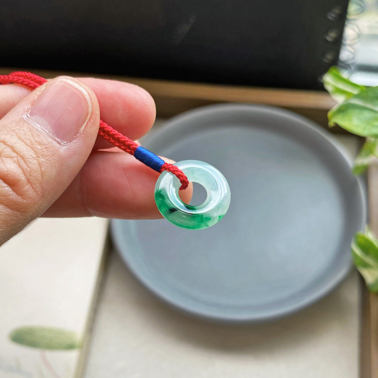 16mm 缅甸老坑A货翡翠甜甜圈小平安扣冰糯种甜阳绿飘绿色花带证书