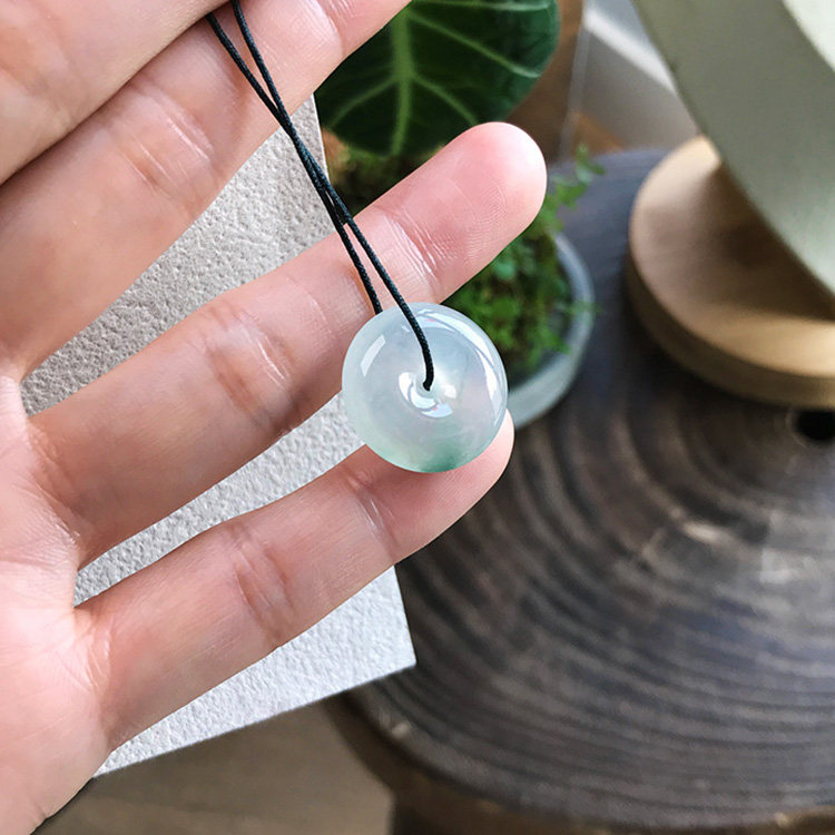 19mm 缅甸料天然老坑A货翡翠平安扣冰种飘绿花蓝绿色裸石起胶证书