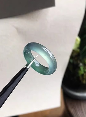 15# 高透危料自然光实拍A货天然翡翠指环冰种蓝绿色蓝水戒指证书