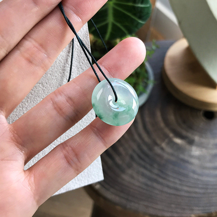 20mm 缅甸料天然老坑A货翡翠平安扣冰种飘绿花蓝绿色裸石起胶证书