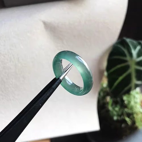 13#危料自然光实拍A货天然翡翠指环冰种蓝绿色半山水起胶戒指证书