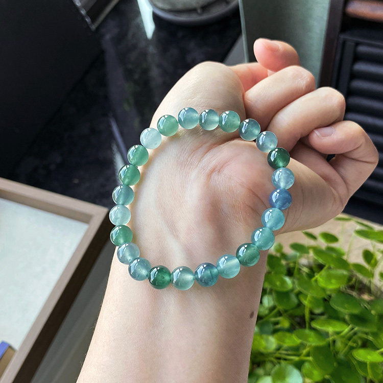 手腕16 天然危料A货翡翠手串冰种蓝水浅紫色绿色多宝珠子8mm 证书