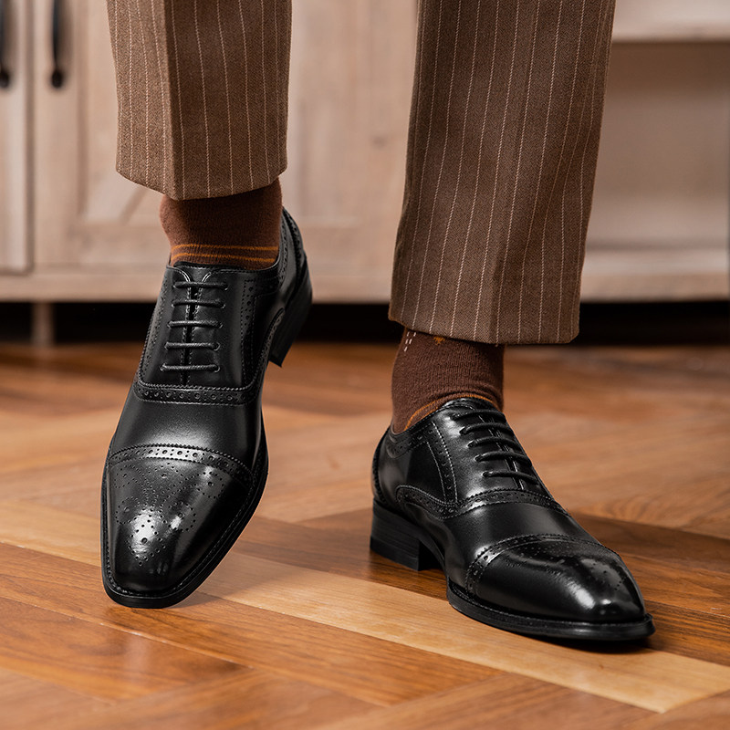 SQUARE SCALP SHOES MENS GENUINE LEATHER BUSINESS FORMAL WEAR BRITISH OXFORD SHOES CASUAL WEDDING GROOM SHOES BROCK PLUS SIZE MENS SHOES
