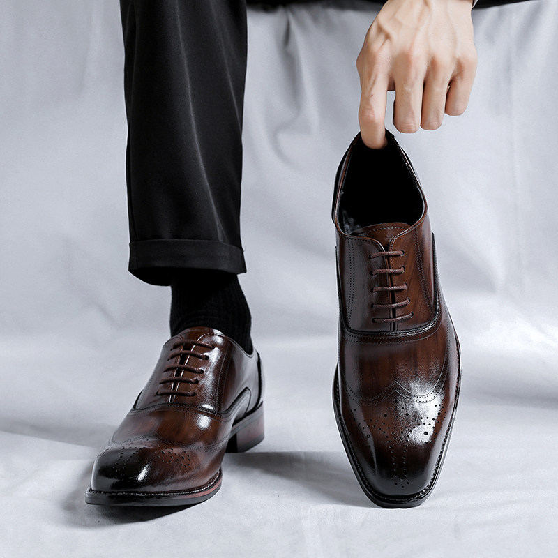 BULLOCK LEATHER SHOES MENS BROWN BUSINESS FORMAL WEAR BRITISH CASUAL WEDDING GROOM SHOES OXFORD SHOES 2024 NEW MENS SHOES