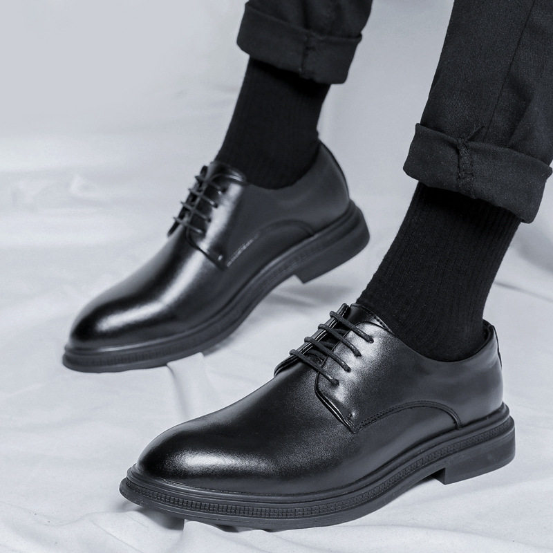 BLACK LEATHER SHOES MENS LEATHER BUSINESS FORMAL WEAR WEDDING GROOM SHOES BRITISH CASUAL LUXURY SENSE PLUS SIZE HEIGHTENED MENS SHOES