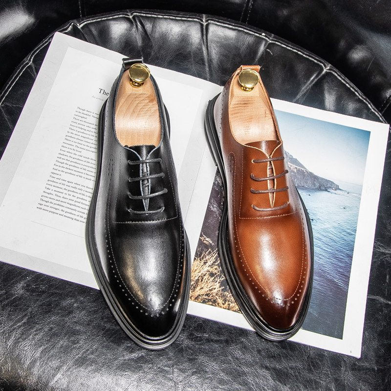 LEATHER SHOES MENS GENUINE LEATHER BUSINESS FORMAL WEAR SOFT LEATHER BROWN CASUAL WEDDING GROOM SHOES BRITISH FOOT WIDE SUMMER BREATHABLE MENS SHOES