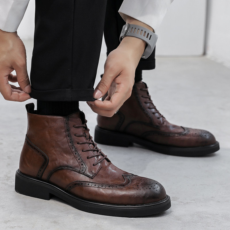 MARTIN BOOTS MENS LEATHER BREXIT BROGUE BOOTS CHELSEA BOOTS HIGH TOP BUSINESS DRESS SHOES VINTAGE BOOTIES