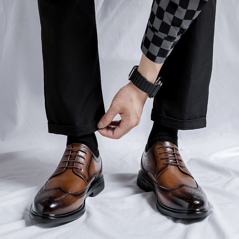 BROGUE LEATHER SHOES MENS LEATHER BROWN BUSINESS FORMAL WEAR BRITISH CASUAL WEDDING GROOM SHOES INSIDE INCREASE DERBY MENS SHOES