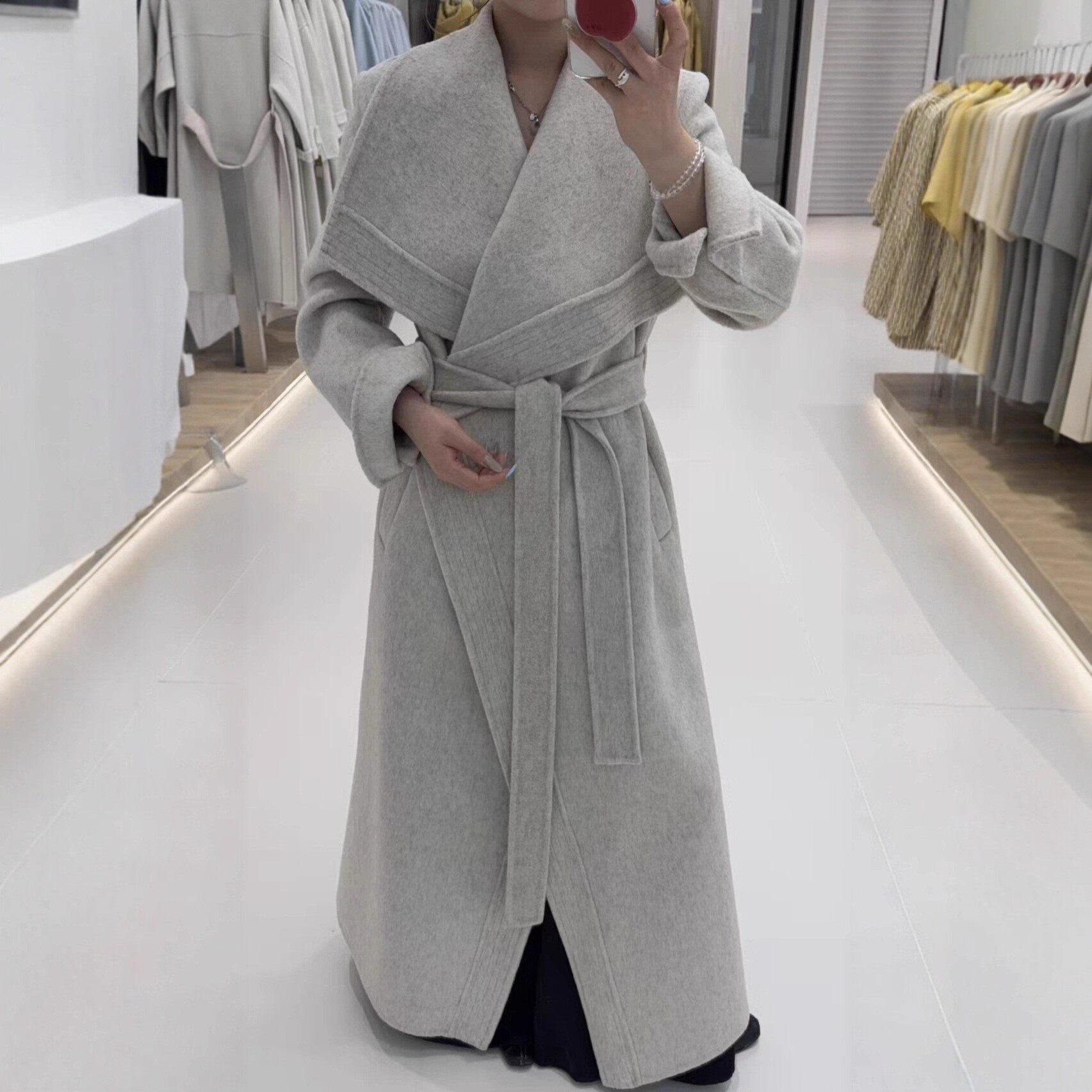 2025新品升级高贵品质长款纹边羊毛大衣系带纯色气质时尚毛呢外套