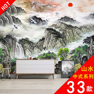 大型自粘壁画贴纸可移除墙贴电视背景墙客厅卧室 中国山水画中式