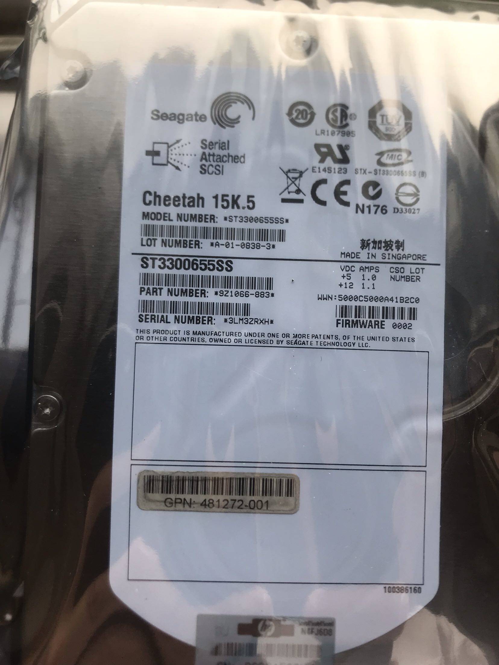 HP/惠普 480938-001 AJ736A MSA2000 300G 15K 3.5 SAS带盘架