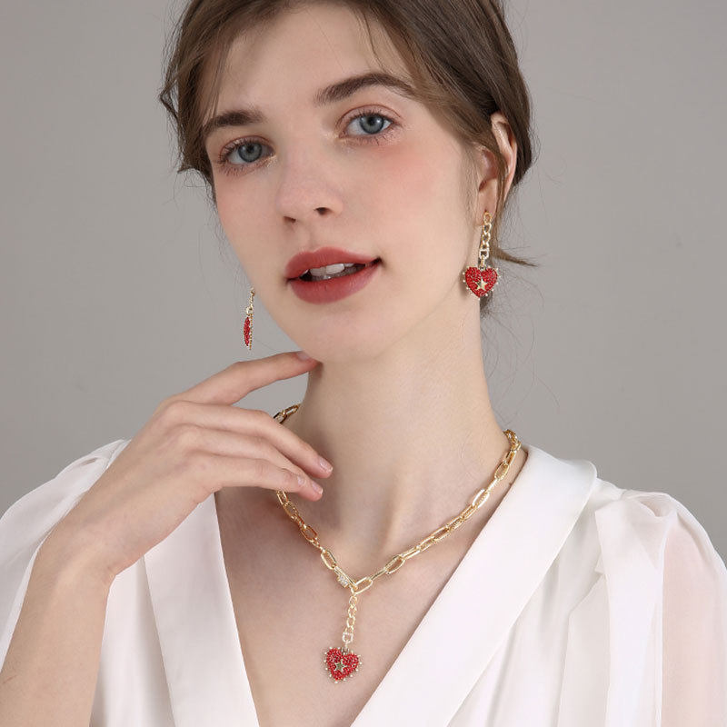 925银针红色爱心吊坠长款大气耳环 过年节日潮网红时尚性感耳钉