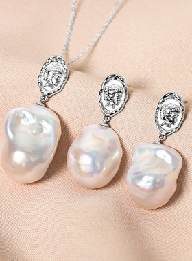 时尚巴洛克天然珍珠耳钉项链套装