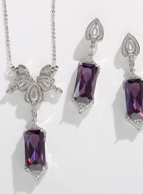时尚气质轻奢紫色耳环项链两件套合成立方氧化锆复古个性锁骨链