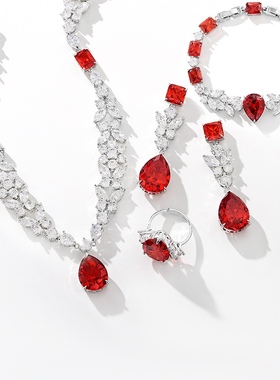 彩宝系列红水滴项链耳环手链戒指四件套装港风时尚气质配饰锁骨链