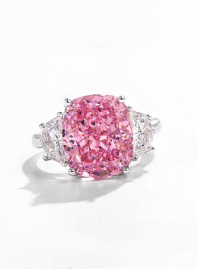 s925纯银粉色方形锆石戒指时尚大气奢华夸张高级感网红戒指个性