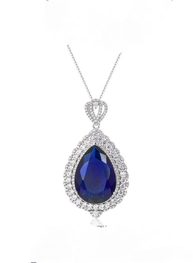 蓝色水滴设计感轻奢超闪项链合成立方氧化锆锁骨链配925银链