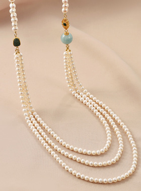 时尚多层淡水珍珠玉石项链高级感
