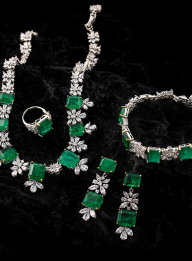 祖母绿方糖项链戒指手链耳环四件