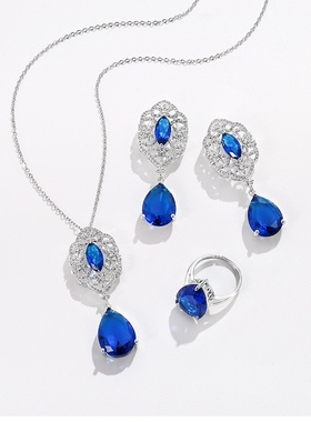 新款蓝色水滴项链耳环戒指三件套时尚气质奢华设计感锁骨链网红