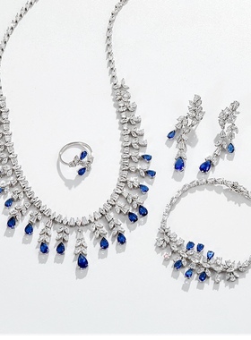 s925纯银蓝色水滴项链耳环戒指手链四件套时尚奢华气质高级感气质