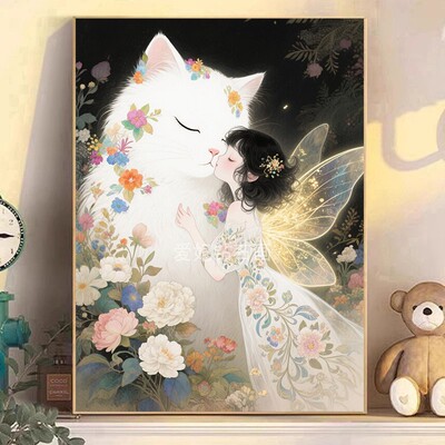 新品高端方钻满钻钻石画钻石绣带钻蝴蝶精灵美少女亲吻白色大猫咪