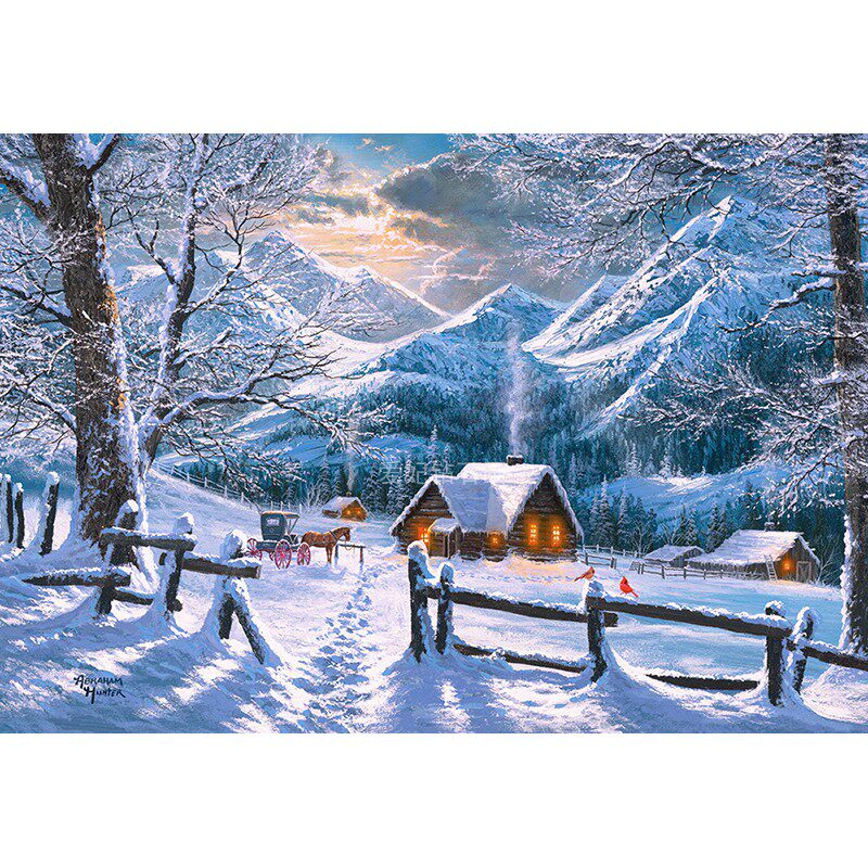 DIY方钻满钻钻石画砖石绣山上小村庄下雪的早晨手工贴钻十字绣
