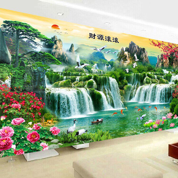 2021新款客厅diy贴钻石画十字绣财源滚滚瀑布山水风景沙发背景墙