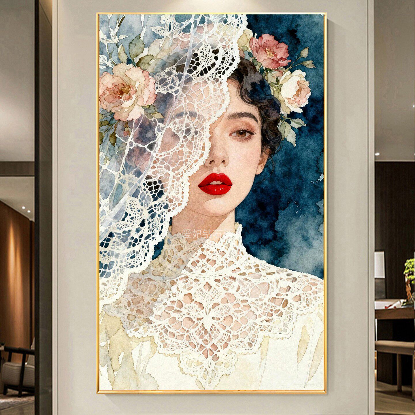 DIY手工粘贴钻方钻满钻钻石画钻石绣带钻牡丹花头纱婚纱美女玄关