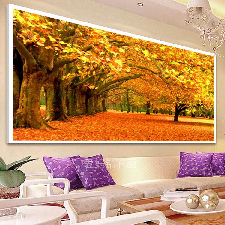2019新款欧式客厅风景方钻满钻钻石画枫叶黄金满地大道砖石十字绣