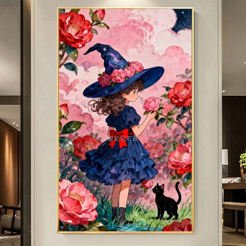 2025新款DIY树脂方钻满钻钻石画钻石绣山茶花园小女巫与黑猫咪二
